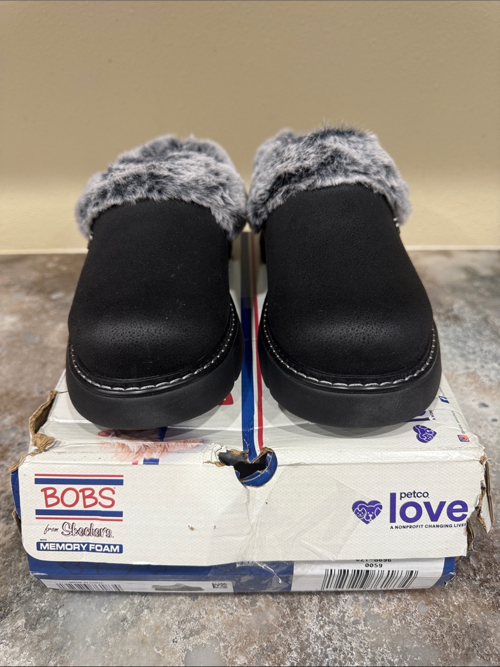 Skechers Black Slip-On Clog with Gray Faux-Fur Collar